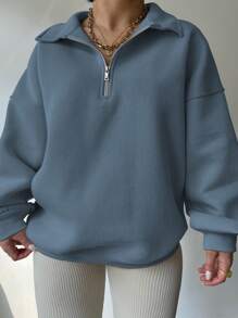 INAWLY 大码纯色半拉链长袖休闲卫衣，适合毕业季、教师节、返校季等场合，秋冬季节皆宜。 - 霧霾藍 - 查看 3
