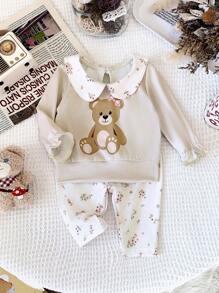 SHEIN BABY Girl Cute Bear Print Sweatshirt With Peter Pan Collar And Floral Pants 2-Piece Infant Toddler Fall Winter Outfits Set - Apricot - View 1