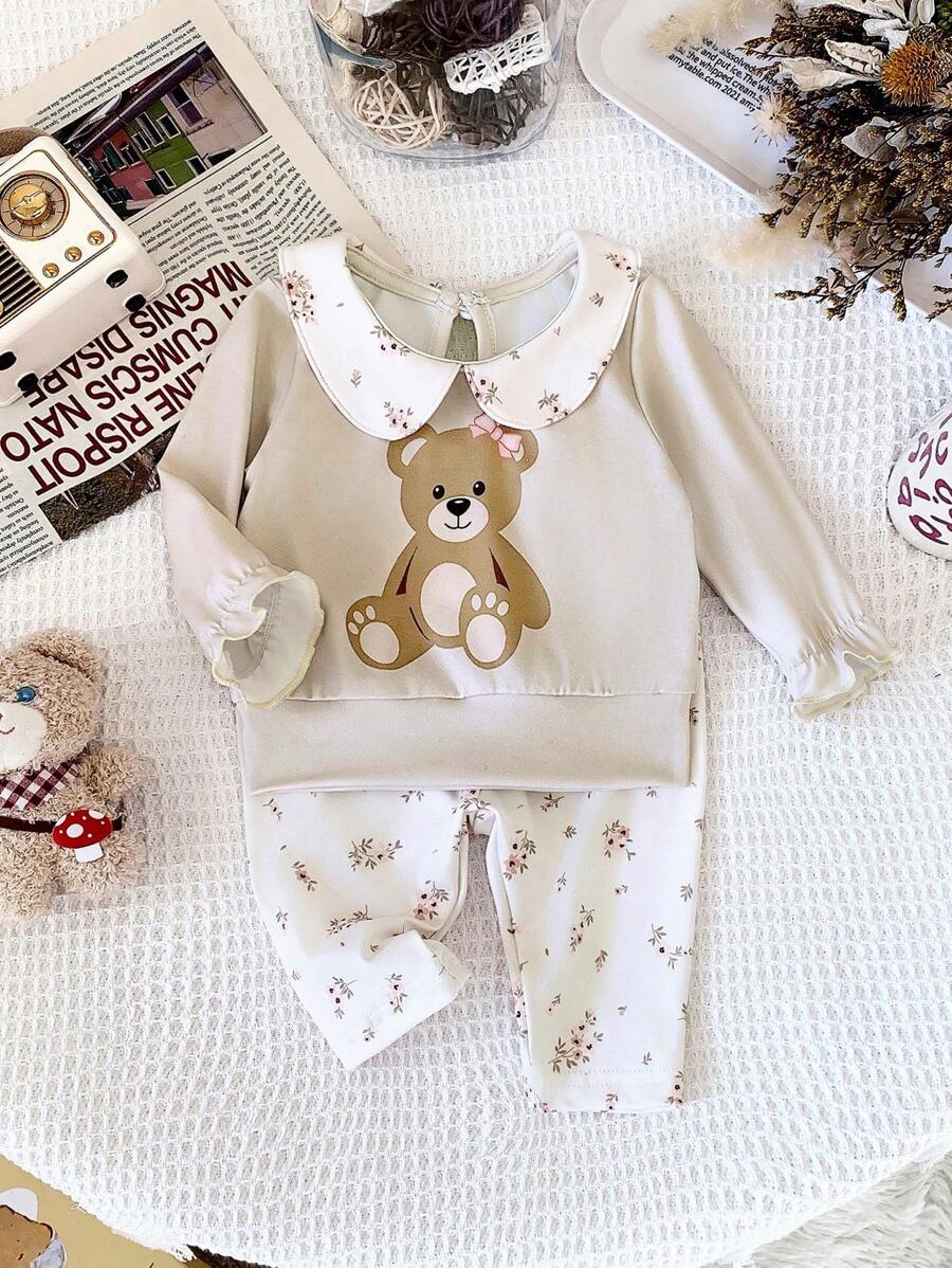 SHEIN BABY Girl Cute Bear Print Sweatshirt With Peter Pan Collar And Floral Pants 2-Piece Infant Toddler Fall Winter Outfits Set - Apricot - View 1