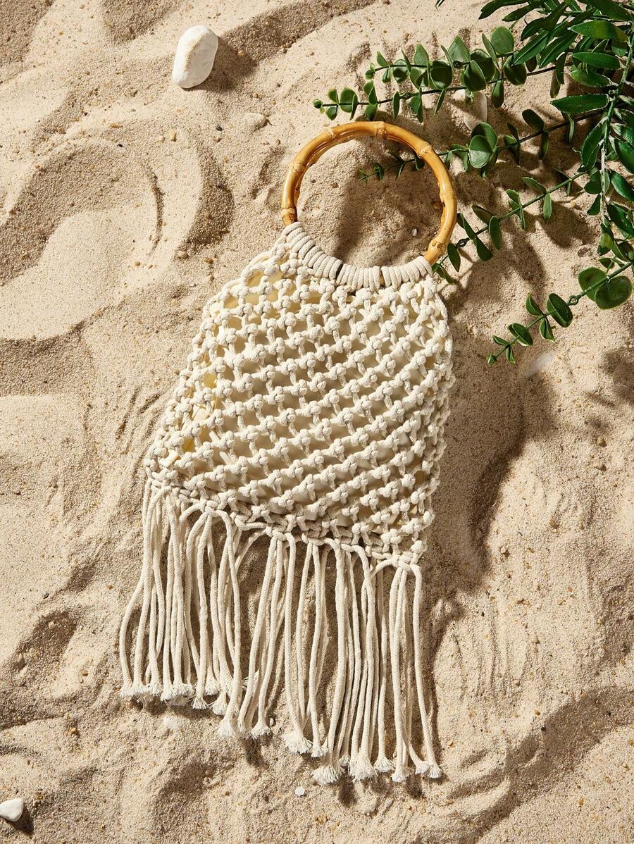 SHEIN SXY 女士手提包，时尚、优雅、简约、个性化、多功能，手工钩编，流苏，适合海滩、度假、假日、夏季、海边，与钩编套装完美搭配 - 杏色 - 查看 1
