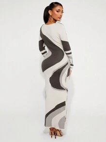 SHEIN SXY Women All-Over Pattern Fitted Long Sleeve Sweater Dress, Autumn/Winter - Multicolor - View 4