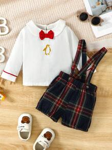 欧式男婴和女婴限量版圣诞装，白领休闲衬衫搭配经典黑红格子吊带短裤，企鹅刺绣设计搭配红色领结，可爱喜庆，适合节日庆祝 - 彩色 - 查看 5