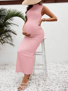 SHEIN 孕妇休闲 V 领修身长款连衣裙，适合婴儿洗礼 - 粉色 - 查看 5