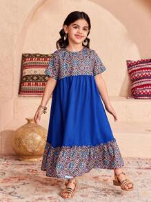 SHEIN DRMZ 年轻女孩雪纺碎花休闲度假连衣裙 - 藍色 - 查看 5