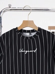 SHEIN Leap Crew 2pcs Set Teen Boy'sCasual Splicing Colour Collision Ribbons Black And White Vertical Stripes With Handwritten Letters In English Printed Round Neck Short Sleeve T-Shirt Trousers Two-Piece Set;Spring Wear; Teen Boys' Clothing; Teen Boy' Jackets, Spring Back To School - Black - View 7