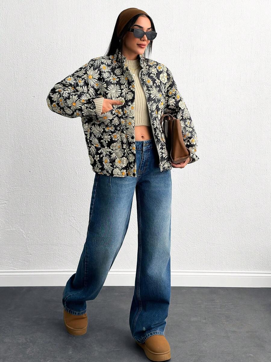 EURMUSE Woman's Casual Allover Printed Quilted Coat For Autumn & Winter - Multicolor - View 1