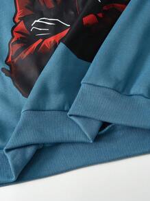 SHEIN 2 件套青少年男孩休闲连帽衫搭配运动裤，笑脸设计，适合万圣节 - 藍色 - 查看 4