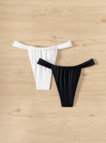 SHEIN Swim 夏季 2 件套女士性感花朵丁字裤泳衣套装，适合海滩 - 黑與白 - 查看 2