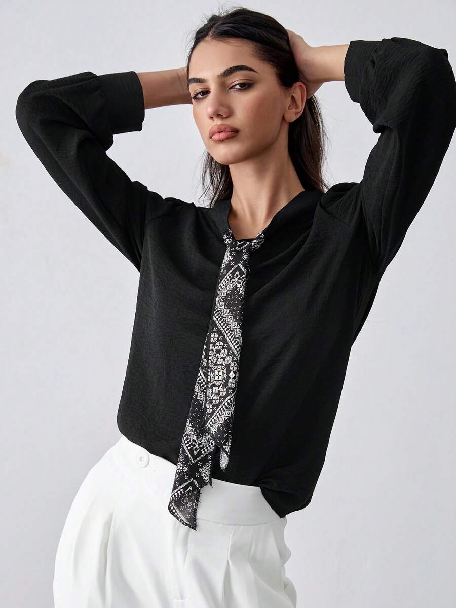 SHEIN Unity 纹理面料撞色长袖衬衫,适合通勤 - 黑色 - 查看 1