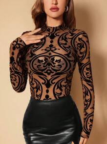 SHEIN BAE Baroque Print Mock Neck Mesh Top Without Bra - Black - View 7