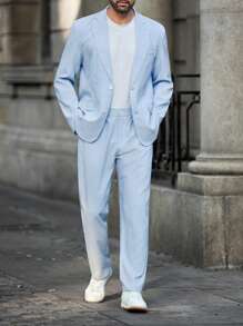 Manfinity Mode Men's Striped Lapel Neck Long Sleeve Jacket And Pants Casual Suit Set, Autumn - Blue - View 4