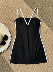 Swim SPRTY New Summer Women Spaghetti Strap Solid Black & Side Striped Elegant Vacation Romper Swimsuit - Black and White - View 4