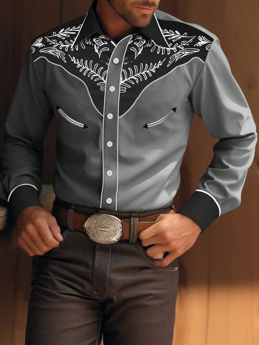 Manfinity Nomadique Men's Oversized Long Sleeve Graphic Print Button Up Shirt, For Fall, Christmas - Grey - View 1