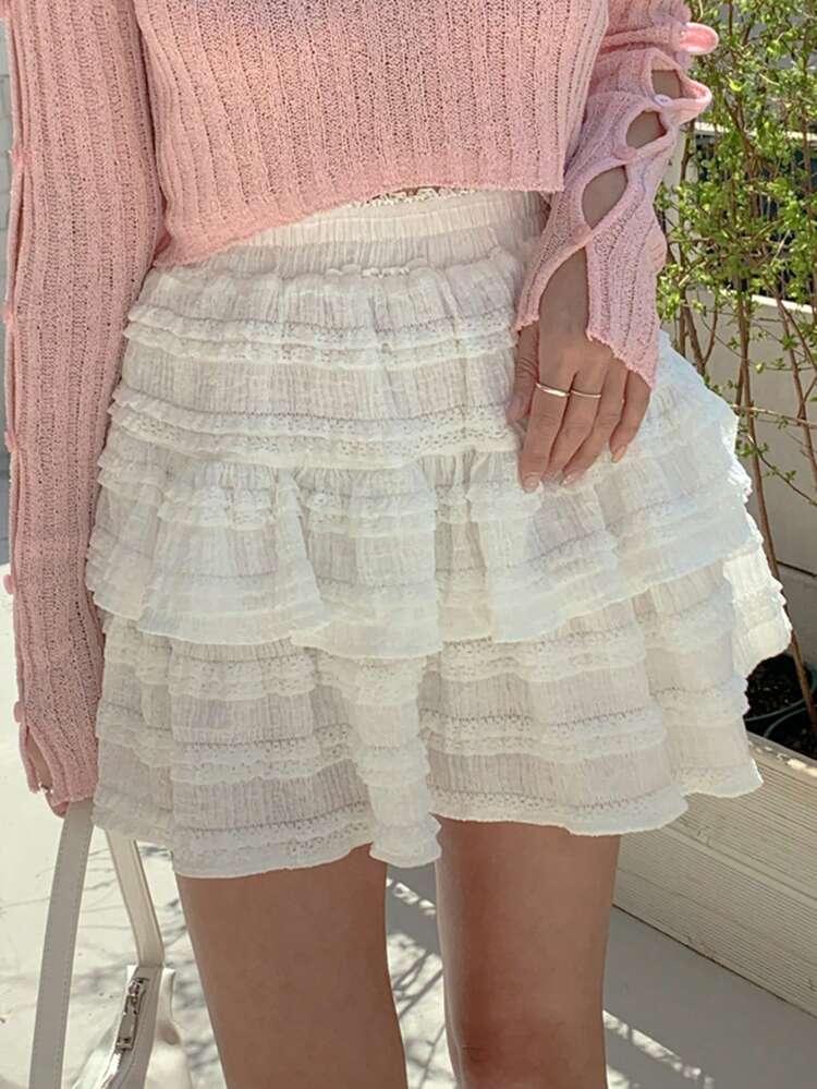 Women Lace Patchwork Short Skirt, Multi-Layer, White, Spring/Summer,Ruffle