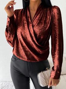 Chiquease Solid Color Off-Shoulder Puff Sleeve Satin-Faced Velvet Shirt Fall Cloth For Women - Red Violet - View 1