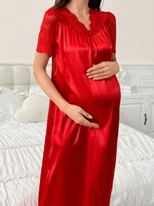 Moonlight&Mama Camisón de maternidad elegante de encaje con diseño suave y amigable con la piel, de seda sintética - Rojo - Ver 4