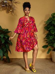 Slaydiva Plus Size Women Summer Animal Pattern A-Line Dress - Red - View 3