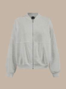 SHEIN BASICS 女款休閒純色針織立領長袖寬鬆夾克外套，秋冬服飾 - 淺灰色 - 查看 9