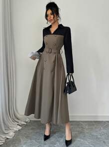 Modelyn 女士优雅撞色拼接二合一连衣裙，秋冬长款晚礼服 - 灰色 - 查看 7