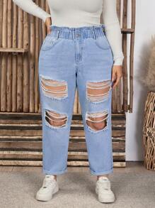 SHEIN LUNE Plus Size Women Ruffle Trim Waist Pocket Distressed Flared Leg Jeans