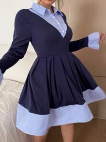 Flirla College Style Shirt Dress For Women, Autumn New Arrivals, Fashion Simple Waist-Cinched Striped Patchwork Dress - Blue - View 5