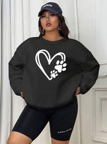 INAWLY Plus Heart & Paw Print Drop Shoulder Sweatshirt, For Winter - Black - View 6