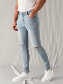Manfinity Roghcode Men's Light Blue Distressed Washed Denim Casual Skinny Stretch Jeans, Urban Chill - Light Wash - View 5