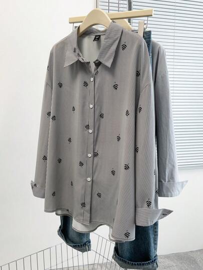 SHEIN LUNE 大码女式优雅通勤简约时尚百搭畅销条纹印花衬衫领长袖衬衫，黑色和白色，春/夏/秋季