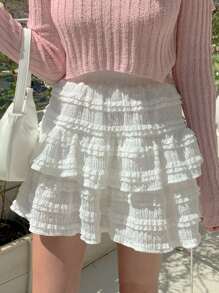 DAZY 女士蕾丝拼布短裙，多层，白色，春夏，荷叶边 - 杏色 - 查看 1