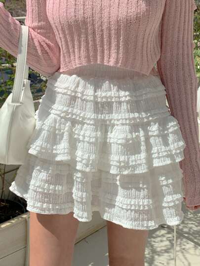 DAZY 女士蕾丝拼布短裙，多层，白色，春夏，荷叶边