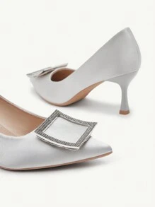 CUCCOO CHICEST Women's Fashion Elegant Silver Color Satin Rhinestone Buckle Pointed Toe Stiletto High Heels, Suitable For Wedding, Bridesmaid, Party, Banquet, Date, Christmas, New Year, Valentine's Day, Comfortable Shoes Valentines