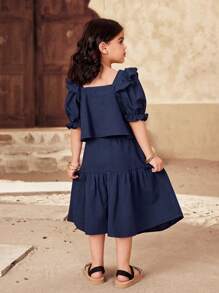 SHEIN Set de 2 piezas: Top corto de manga abullonada con cuello de banda liso y falda ajustada para niñas jóvenes - Azul - Ver 2