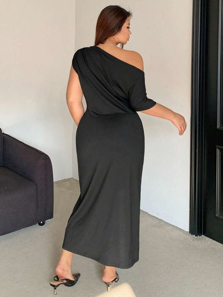 Dazy Petite Plus Plus Size Black Asymmetrical Shoulder Form-Fitting Long Dress, Spring/Summer Draped Dress Party Women Dresses Sundress, Formal Women Dress