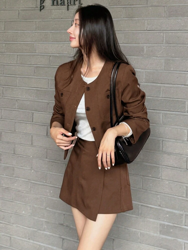 2pcs Women Solid Color Round Neck Top & Skirt Set, Spring/Autumn