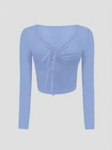 INAWLY 女式长袖修身性感抽绳 T 恤，适合户外、春秋季节 - 藍色 - 查看 3