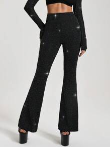 Menodora SHEIN Sport Menodora SHEIN Sport 女士高腰水钻装饰喇叭优雅时尚运动裤 - 黑色 - 查看 3