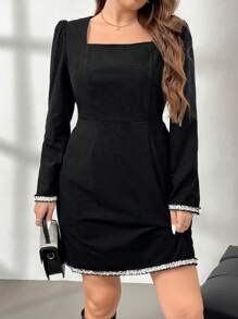 SHEIN Privé 大码女式黑色粗花呢厚格纹方领长袖迷你连衣裙，新款秋冬款 - 黑色 - 查看 6