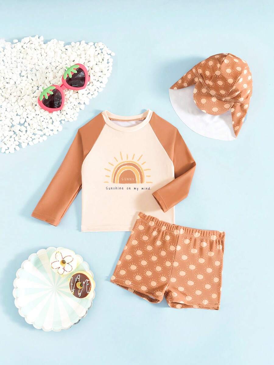 SHEIN 2 件套男婴时尚简约太阳印花衬衫和泳裤沙滩装 - 紫紅色 - 查看 1