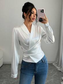 Elenzga 女士优雅纯色交叉腰长袖衬衫 - 白色 - 查看 1