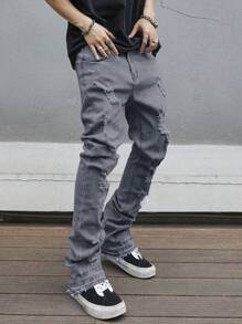 Manfinity Roghcode Men's Casual Distressed Pocket Simplistic Denim Jeans, Daily Wear - Dark Grey - View 6