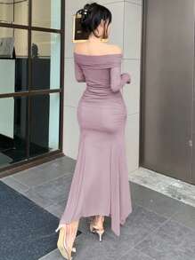 DAZY Váy dài ngang vai thắt nút xoắn thanh lịch dành cho nữ, màu trơn, thanh lịch cho mùa xuân/ngày lễ tình nhân, váy cưới, quần áo trở lại trường, váy mùa thu - Màu tím - Xem 2