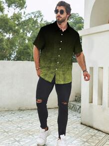 Manfinity Homme Men's Ombre Color Single-Breasted Casual Loose Short Sleeve Shirt - Army Green - View 5