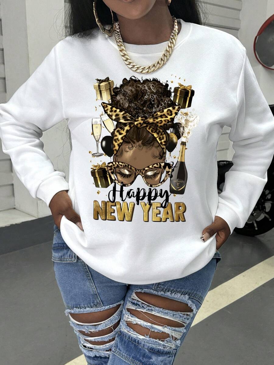 SHEIN Slayr 大码圆领长袖图案印花休闲运动衫，新年夜上衣