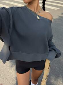 SHEIN EZwear Sudadera de mujer de unicolor con cuello asimétrico
