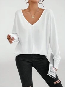 SHEIN PETITE Casual Simple Solid V Neck Batwing Sleeve Tee - White - View 7