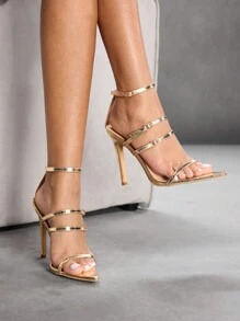 CUCCOO SZL 女士时尚金色细带金属扣尖头踝带细高跟凉鞋，适合约会、派对、度假、婚礼