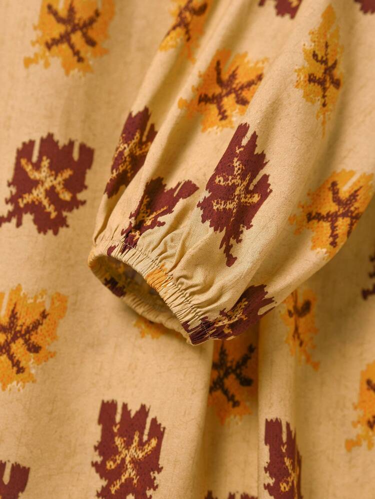 Casual Autumn Leaf Print Lantern Sleeve Shirt