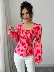 Elenzga Camisa elegante con estampado de corazón rojo y fruncido