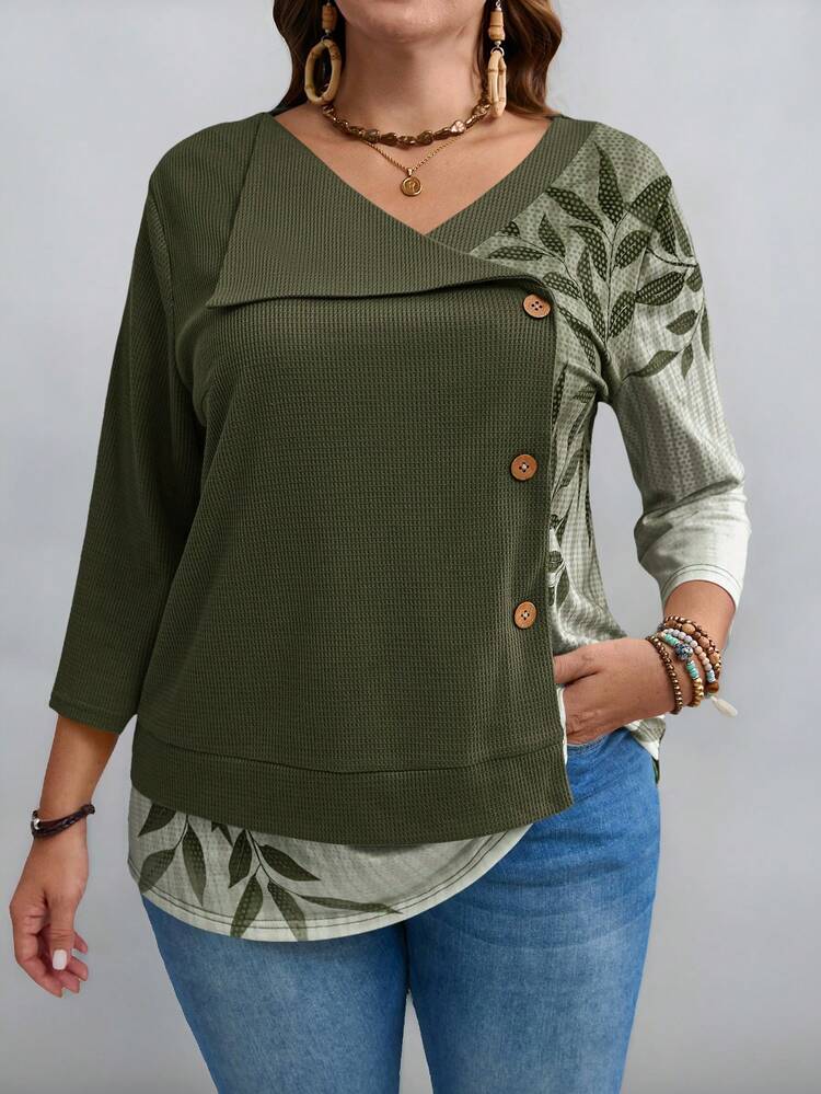 Plus Size Women's Print Solid Color Long Sleeve Fall T-Shirt
