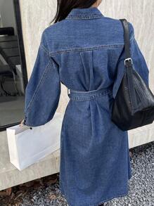 DAZY Vestido camisero de manga larga con cintura y cuello de mezclilla para mujer - Azul - Ver 5